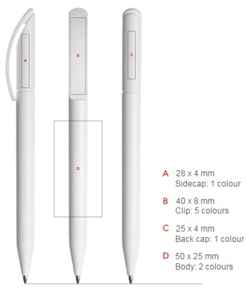 Prodir DS3 pennen bedrukken, de drukposities, aantal opdruk kleuren en maximale formaat van de bedrukking. Een bedrukte Prodir DS3 pen met logo is een ideaal promotiemiddel.