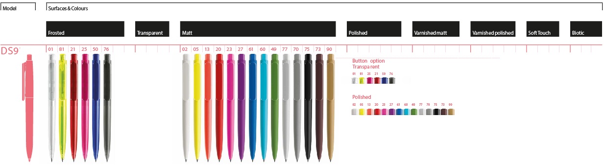 Prodir DS9 balpennen kleur en afwerkingsoverzicht. Bestel u Prodir DS9 pennen bij BINQ Promotions gratis ontwerp in uw huisstijl bedrukt met uw logo. Snel, goedkoop en de beste service
